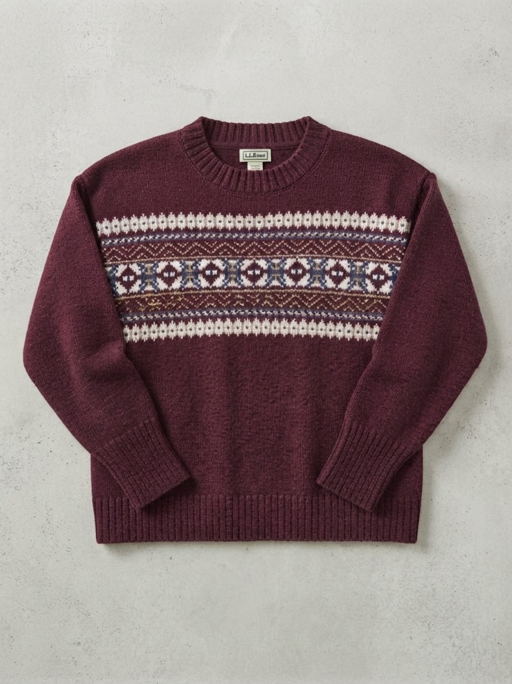 L.L. Bean Women's Burgundy Fair Isle Crewneck Sweater 100% Cotton XL Petite